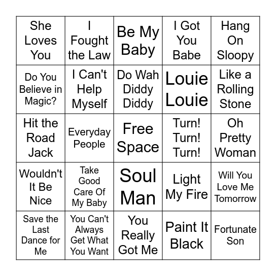 1960s Bingo Card