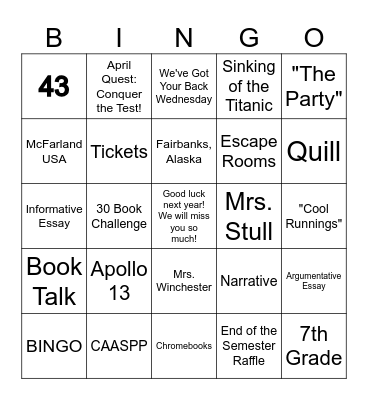 Year in Review BINGO - 6th Grade Bingo Card