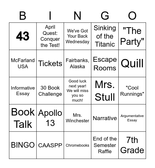 Year in Review BINGO - 6th Grade Bingo Card