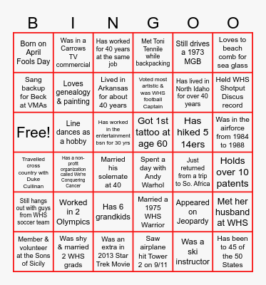 WHS Class of 80 Trivia Bingo Card