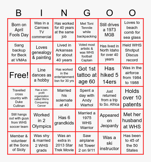 WHS Class of 80 Trivia Bingo Card