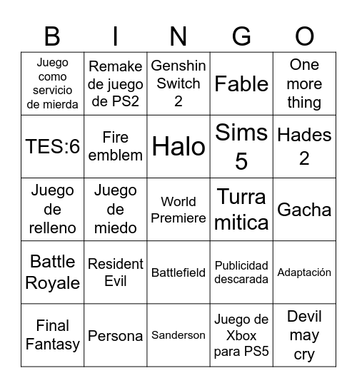 No E3 Bingo Card