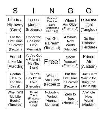 Disney SINGO! Bingo Card