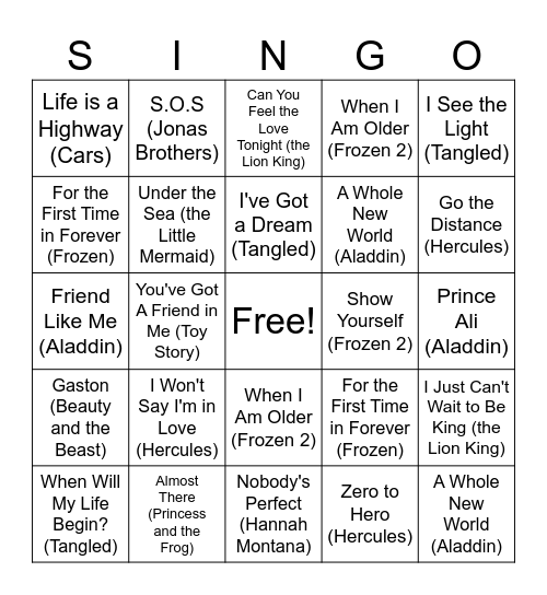 Disney SINGO! Bingo Card