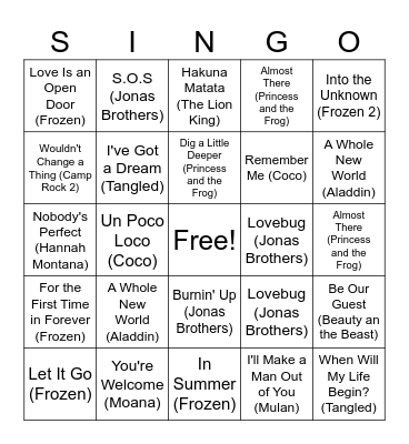 Disney SINGO! Bingo Card