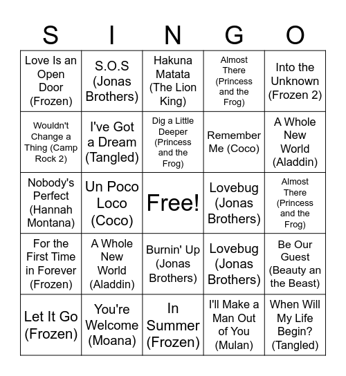 Disney SINGO! Bingo Card