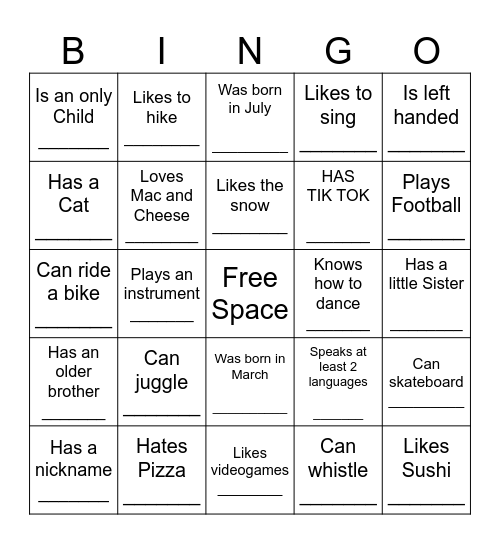 YOUTH HUMAN BINGO Card