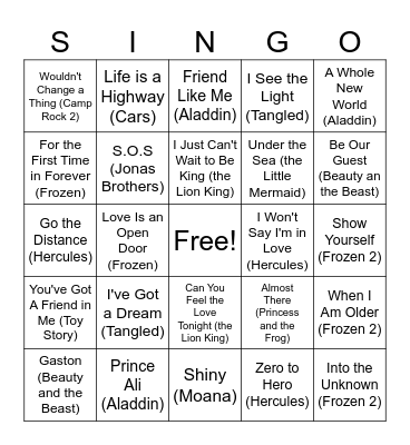 Disney SINGO! Bingo Card