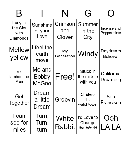 Songs of the 60's and 70's Bingo Card