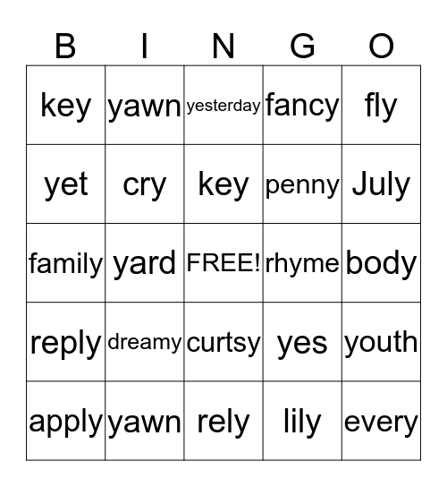 Y Bingo Card