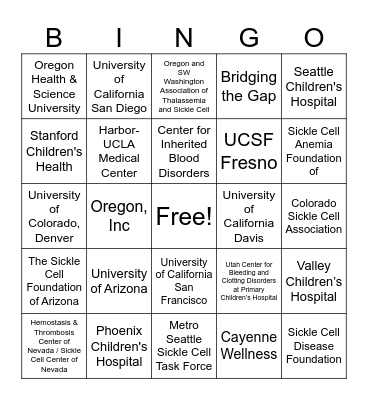 Pacific Sickle Cell Regional Collaborative Site Bingo! Bingo Card