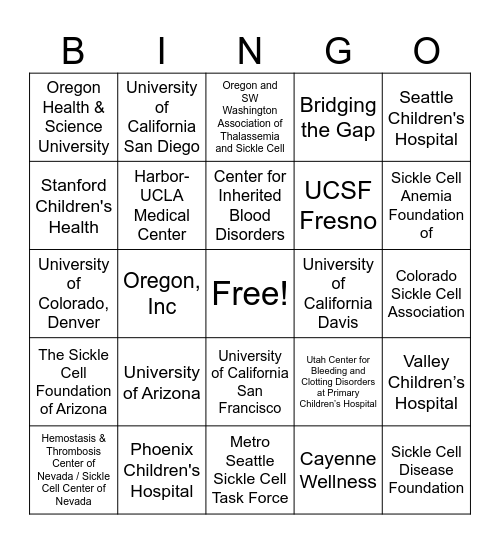 Pacific Sickle Cell Regional Collaborative Site Bingo! Bingo Card