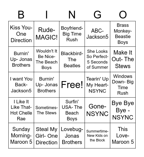 BOY BANDS Bingo Card