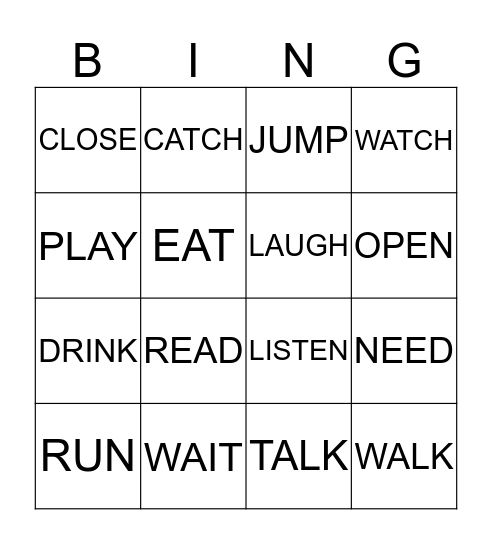 Action Verbs  Bingo Card