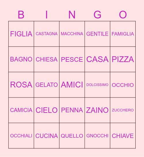 EXCEPCIONES EN ITALIANO Bingo Card
