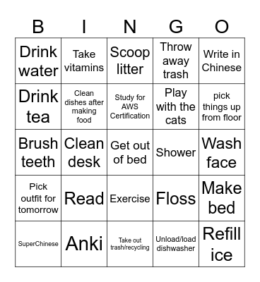 Daily Tasks Bingo Card