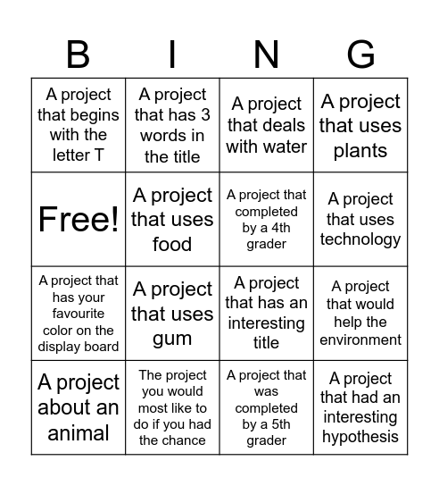 Science Fair Scavenger Hunt Bingo Card