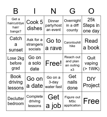 Summer Goals 2025 Bingo Card