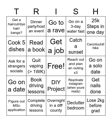 Summer Goals 2025 Bingo Card