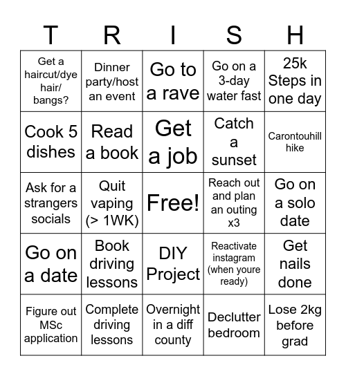 Summer Goals 2025 Bingo Card