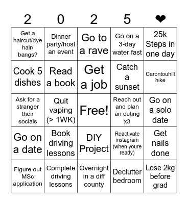 Summer Goals Bingo Card