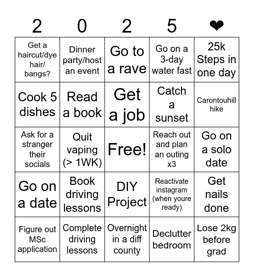 Summer Goals Bingo Card