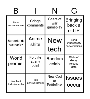 Xbox Showcase Bingo Card