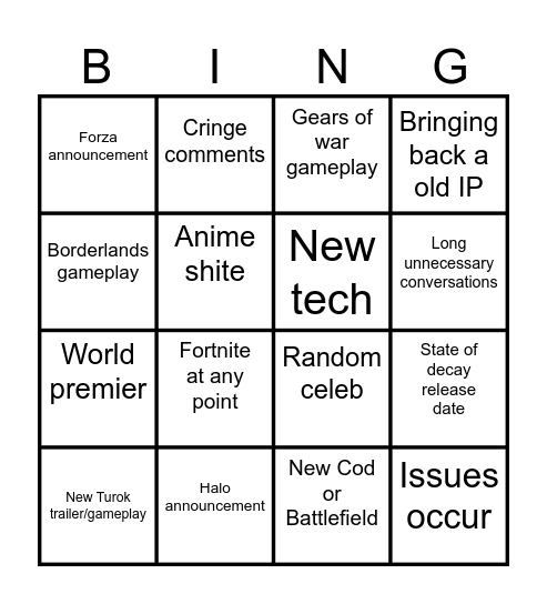 Xbox Showcase Bingo Card