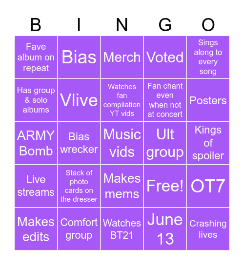 BTS ARMY Bingo Card