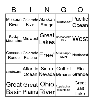 Geographical Features of the US Bingo Card