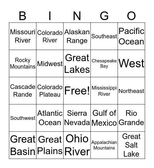 Geographical Features of the US Bingo Card