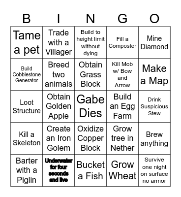 Minecraft 100x Tick Speed Bingo Card