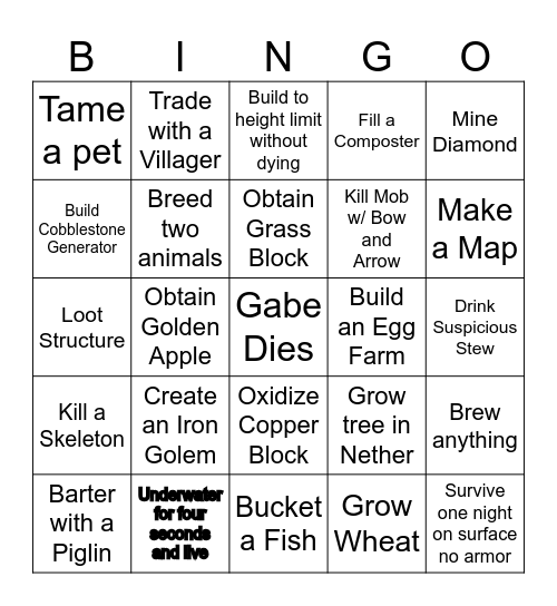 Minecraft 100x Tick Speed Bingo Card