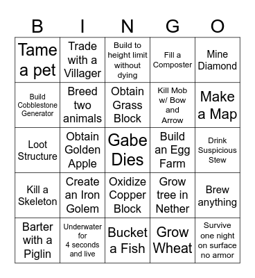 Minecraft 100x Tick Speed Bingo Card