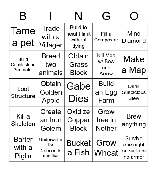 Minecraft 100x Tick Speed Bingo Card