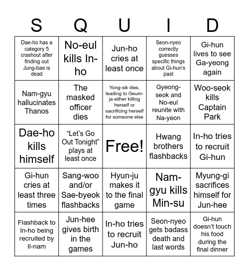 Squid Game Season 3 Predictions Bingo Card