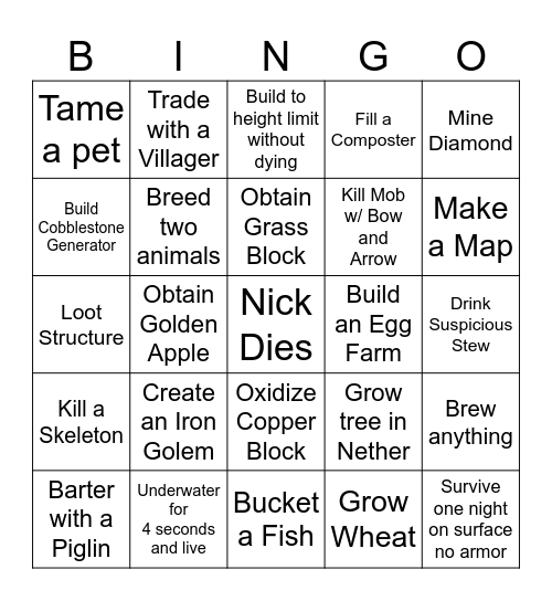 Minecraft 100x Tick Speed Bingo Card