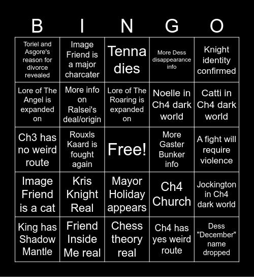 Deltarune Chapters 3 & 4 Bingo Card
