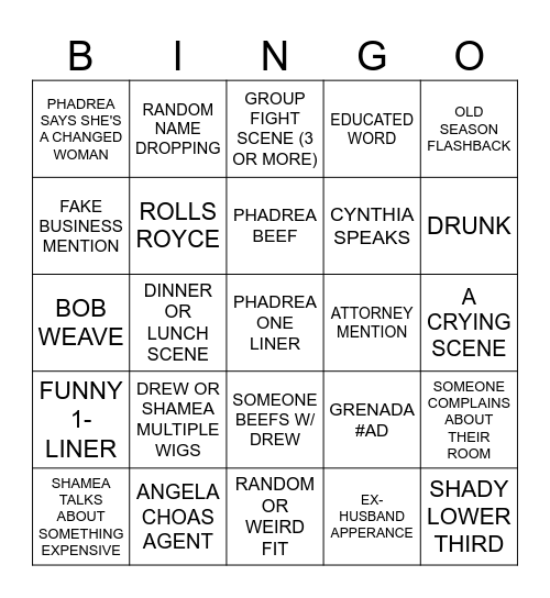 ATL Housewives S16 EP 12 Bingo Card