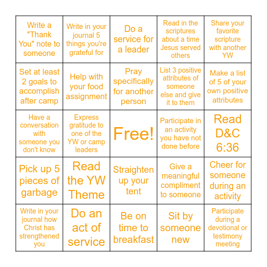 Girls Camp BINGO Card