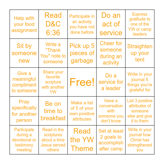 Girls Camp BINGO Card