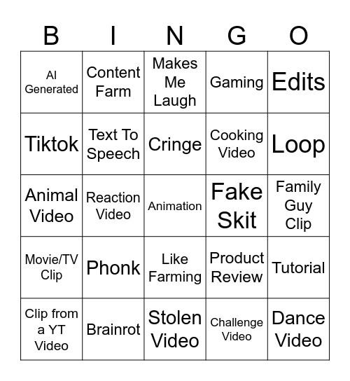 YT Shorts Bingo Card