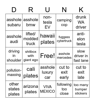 SHITTY DRIVER BINGO Card