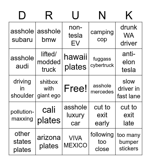 SHITTY DRIVER BINGO Card