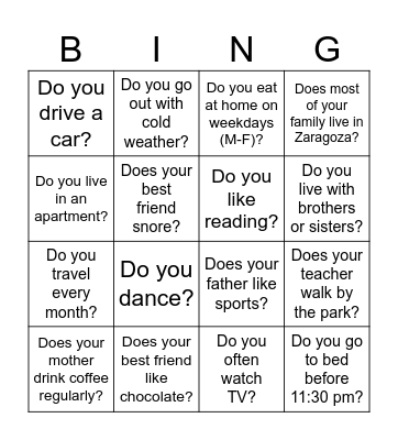 Present Simple Bingo Card
