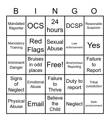 ACSPI Mandatory Reporting Bingo Card