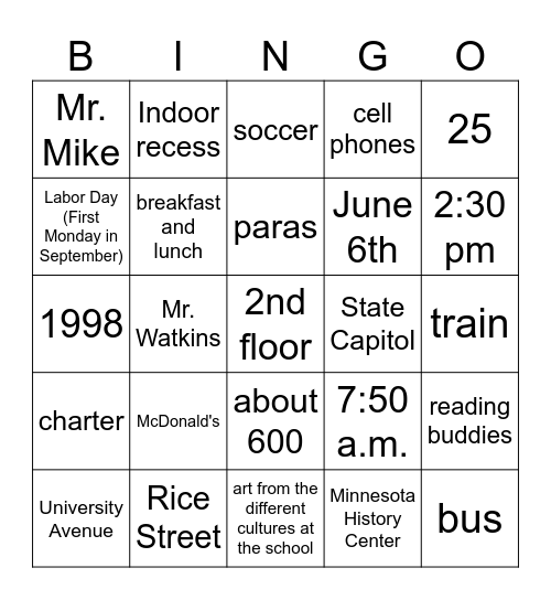 Around the School Bingo Card