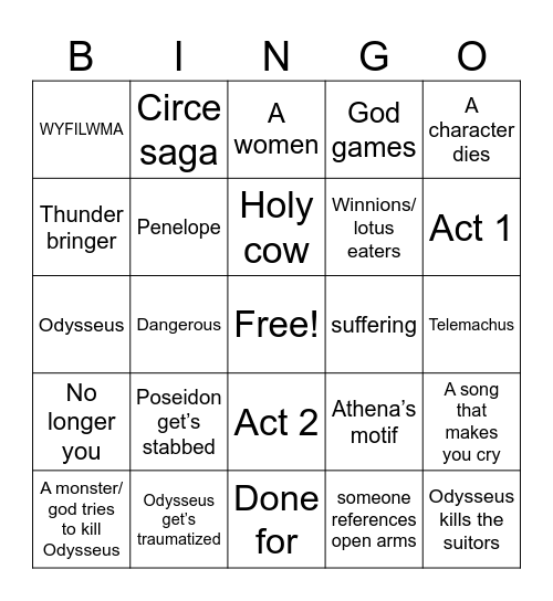 Epic the musical Bingo Card