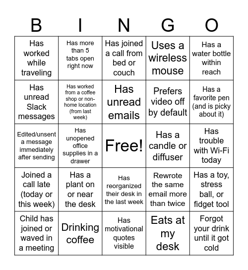 Desk Bingo: WFH Edition Bingo Card