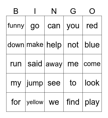 Sight word bingo Card